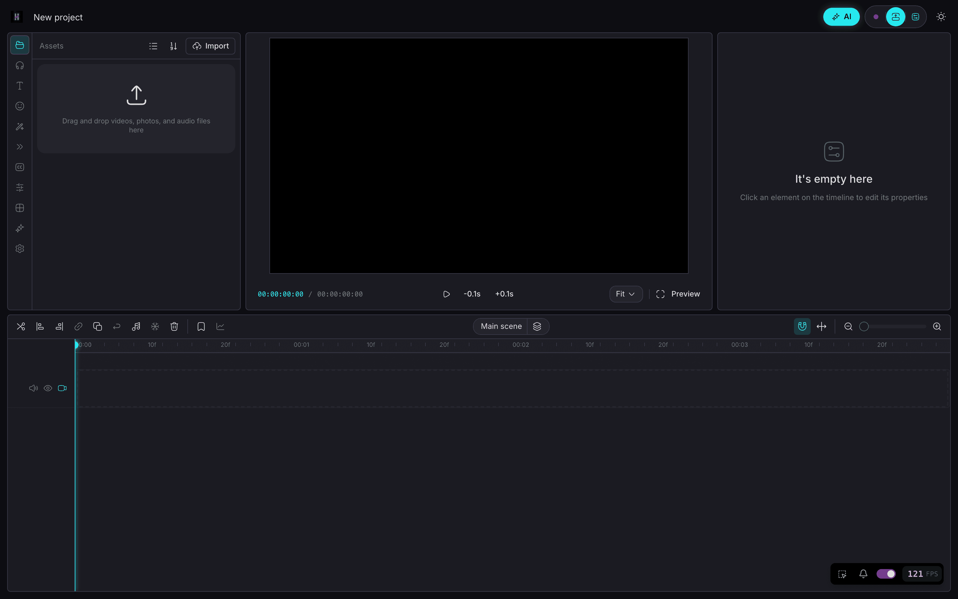 HakoCut desktop editor — multi-track timeline with preview, properties, and chat panel